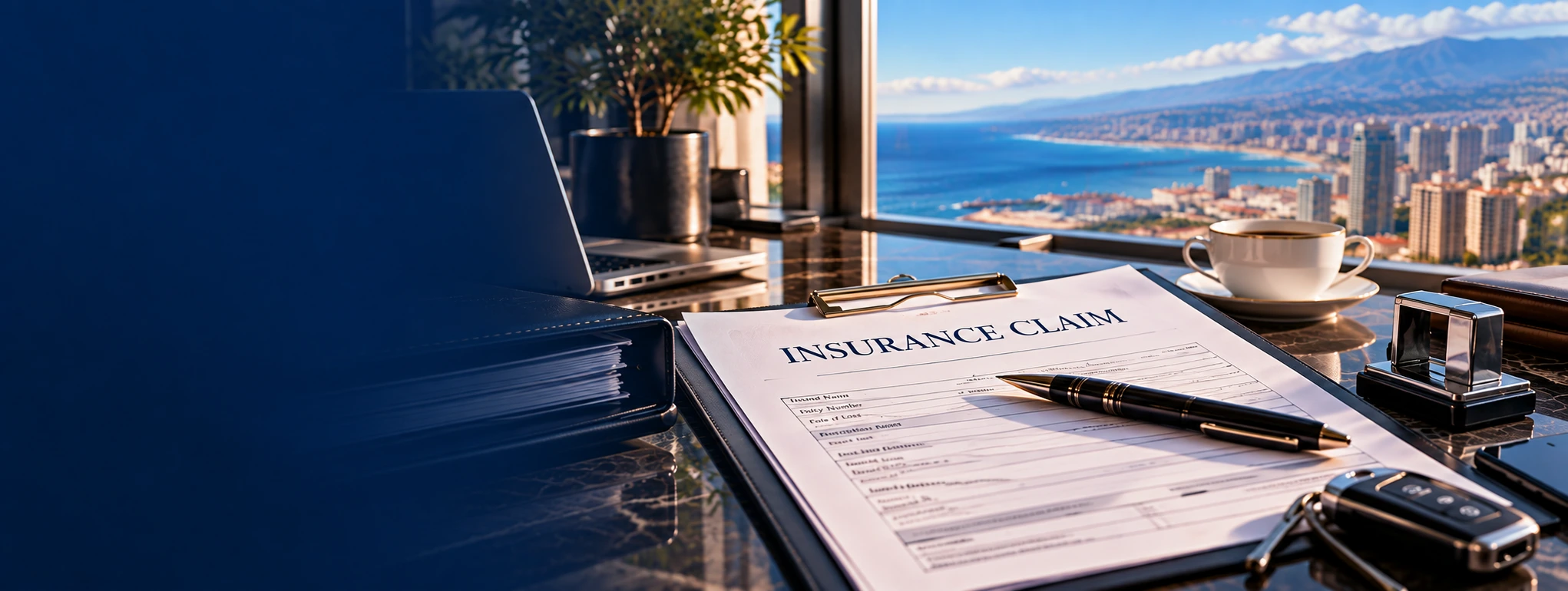 Hands reviewing a printed insurance policy on a desk
